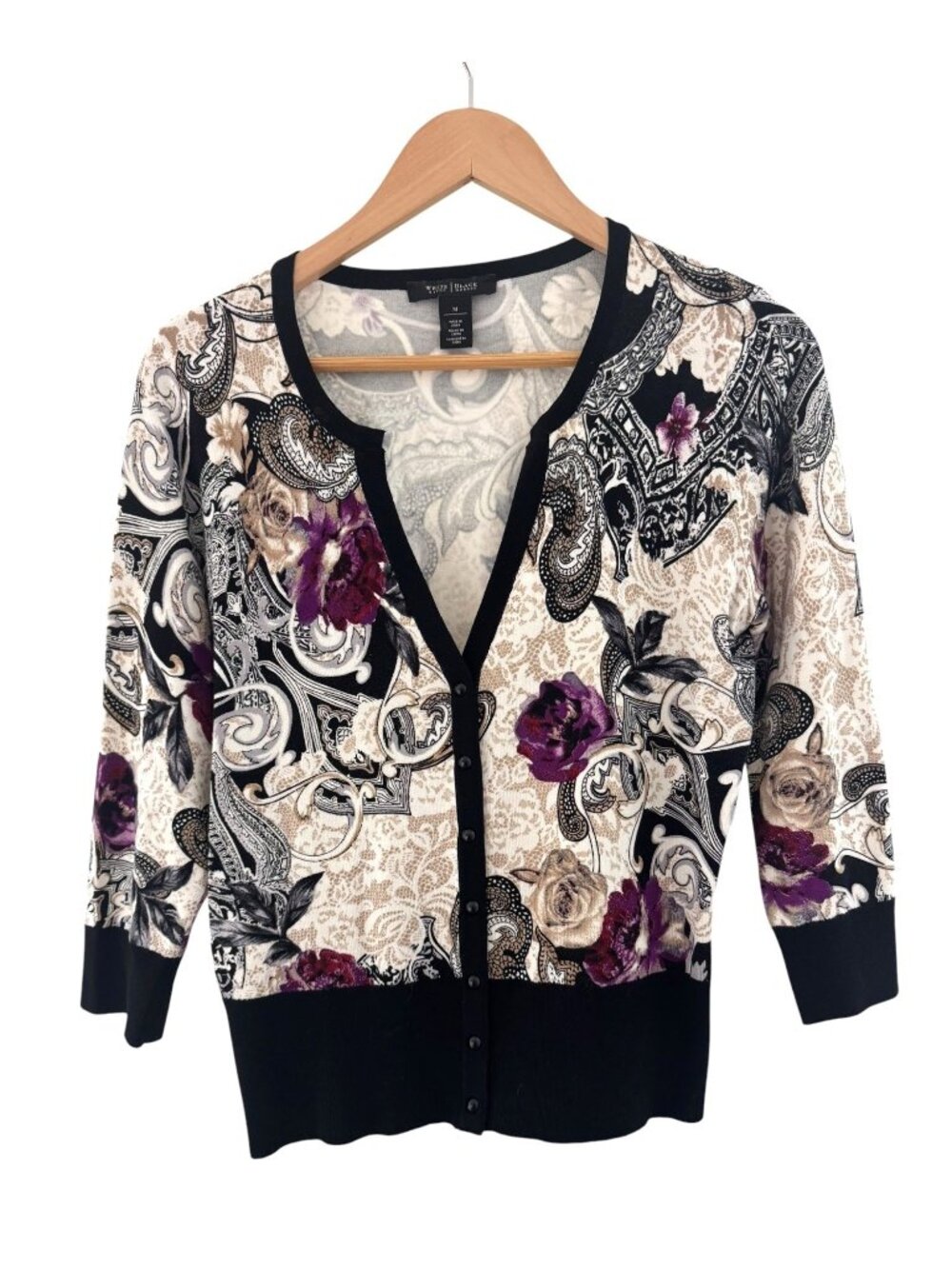 White House Black Market Floral Paisley V-Neck Cardigan Sweater Size M Top